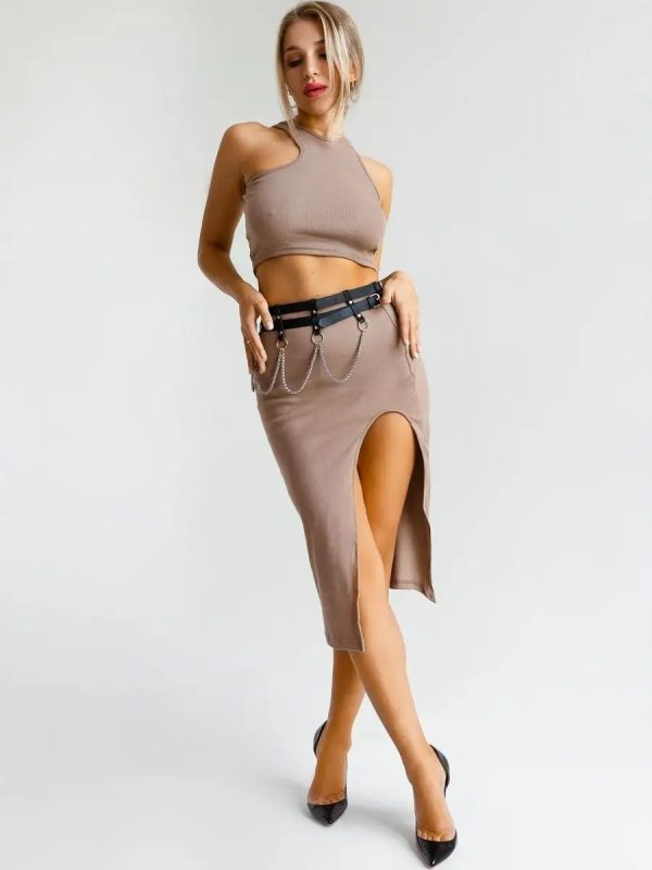 Главное фото, Топ и юбка с разрезом ПЛ-132КШ/КОФ (Кофе). Артикул: ПЛ-132КШ/КОФ