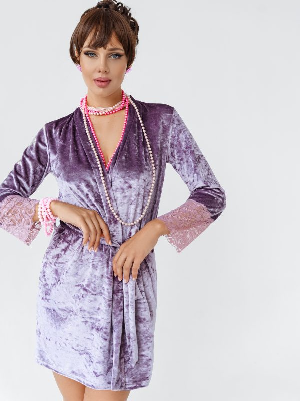 Главное фото, Бархатный халат с кружевом ХЛ-007БТ/СИР (Сирень). Артикул: ХЛ-007БТ/СИР
