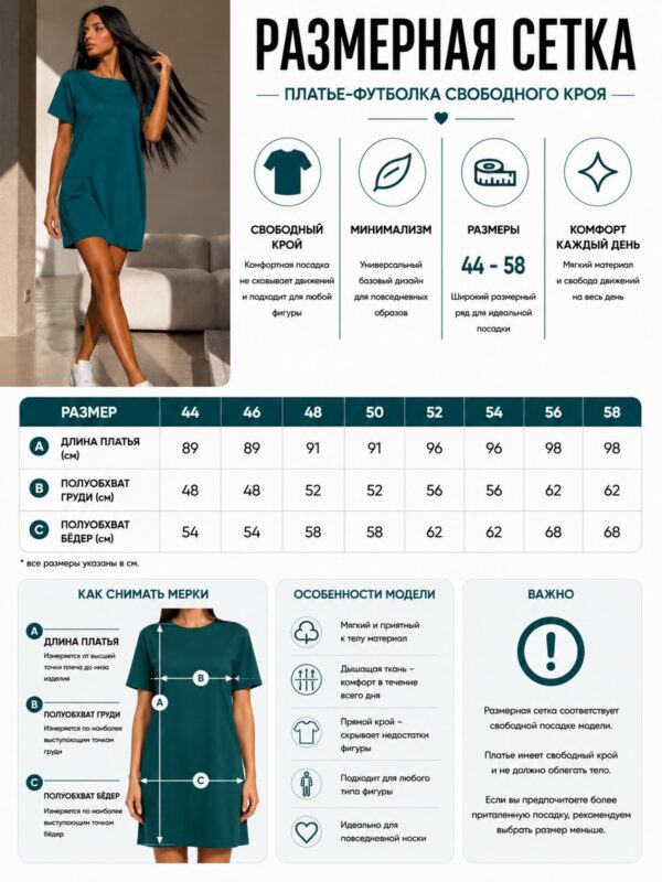 Зелёное платье выше колена, размерная сетка, базовый фасон